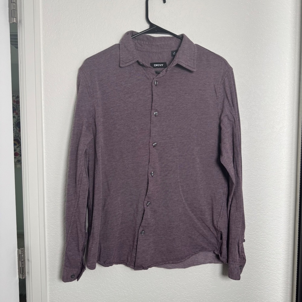 DKNY Button Down Shirt Mens Medium Purple Long Sleeve Cotton Heathered Casual‎